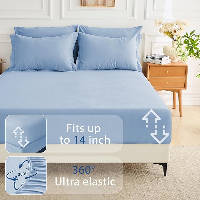 MUXHOMO 7 Pieces Full Comforter Set, Soft Bed in a Bag Full Size, All Season Bedding Set with Comforter, Flat Sheet, Fitted Sheet, Pillowcases & Shams, Greyish Blue
