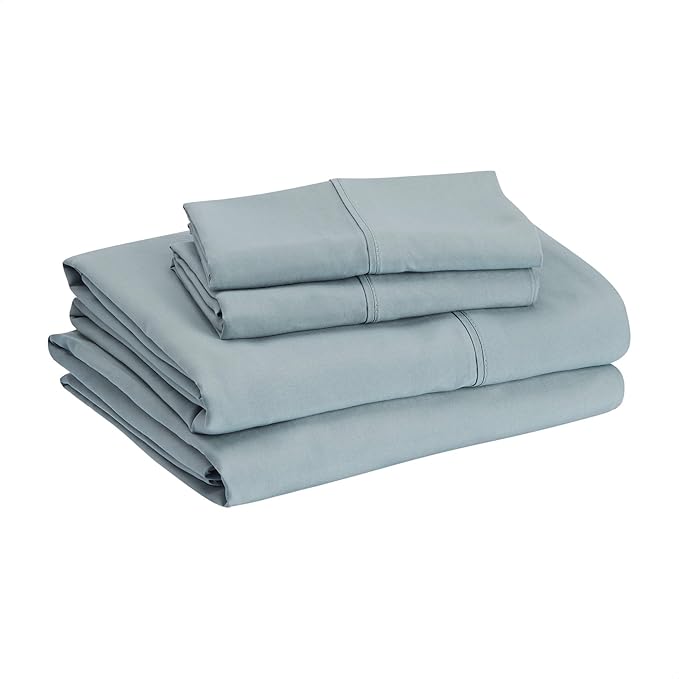 Amazon Basics Lightweight Breathable Super Soft Wrinkle-Free Easy Care Brushed Microfiber 4 Piece Bed Sheet Set with 14-Inch Deep Pockets, Queen, Spa Blue, Solid (Pack of 4)