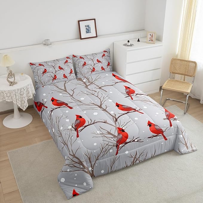 Feelyou Bird Comforter Set Red Birds Snowflakes Bedding Set Winter Landscape Cardinals Comforter for Boys Girls Child Kids Retro Bedroom Decor Tree Branches Duvet Set King Size with 2 Pillow Case