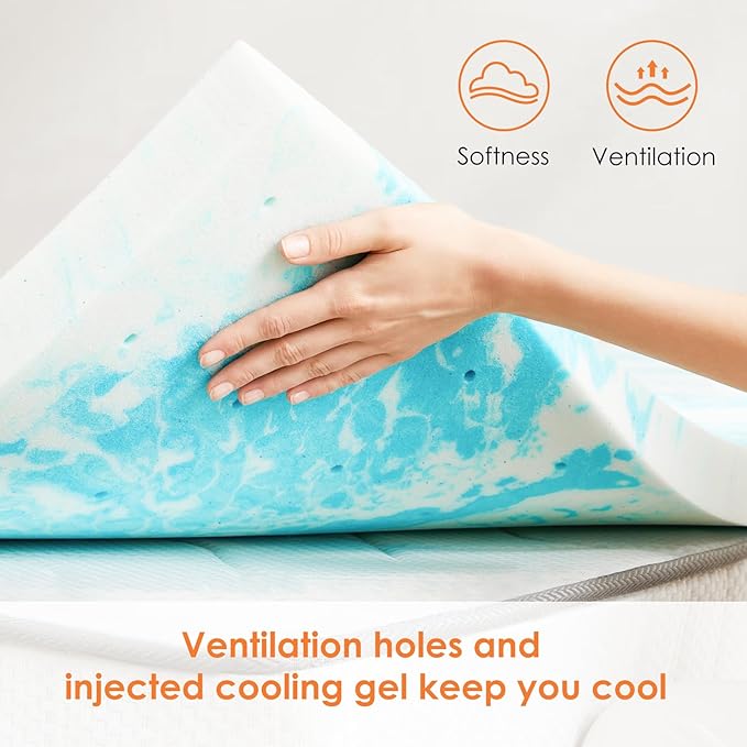 Sweetcrispy Memory Foam Mattress Topper King, 2 Inch Thick Gel Infused Cooling Toppers Pad for King Size Bed, Sleeper Sofa, RV, Camper, CertiPUR US Certified, Ventilated and Breathable