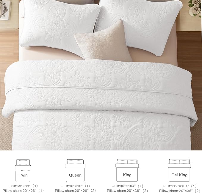 Whale Flotilla Soft California King Quilt Bedding Set for All Seasons, Vintage Damask Ultrasonic Quilts Set, Lightweight Reversible Bedspread, Coverlet, Bed Cover with 2 Pillow Shams, White
