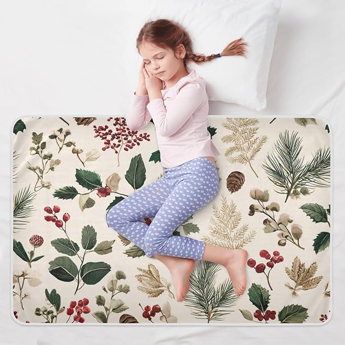 Waterproof Bed Pad Reusable Changing Pad Toddler Mattress Protector Large Pee Pad Baby Diaper Pad Soft Washable Liner Beige Holly Leaves Pine Needles Pinecones