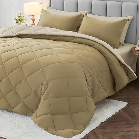 MUXHOMO 7 Pieces King Comforter Set, Reversible Bed in a Bag King Size, All Season Bedding Set with Comforter, Flat Sheet, Fitted Sheet, Pillowcases & Shams, Khaki & Linen