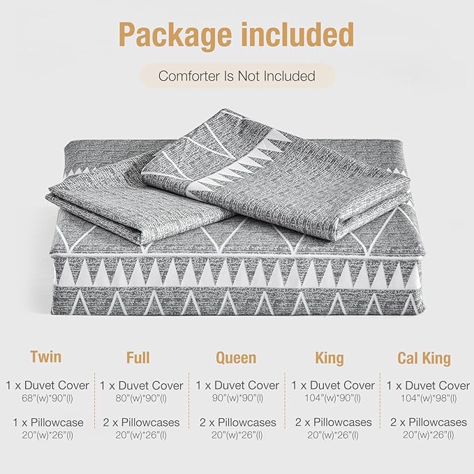 Lekesky Boho Grey Duvet Cover Full Size, 3pc Ultra Soft 100% Washed Microfiber Breathable Bedding Duvet Cover Set Full with Zipper Ties (1 Comforter Cover 80x90 +2 Pillow Cases)