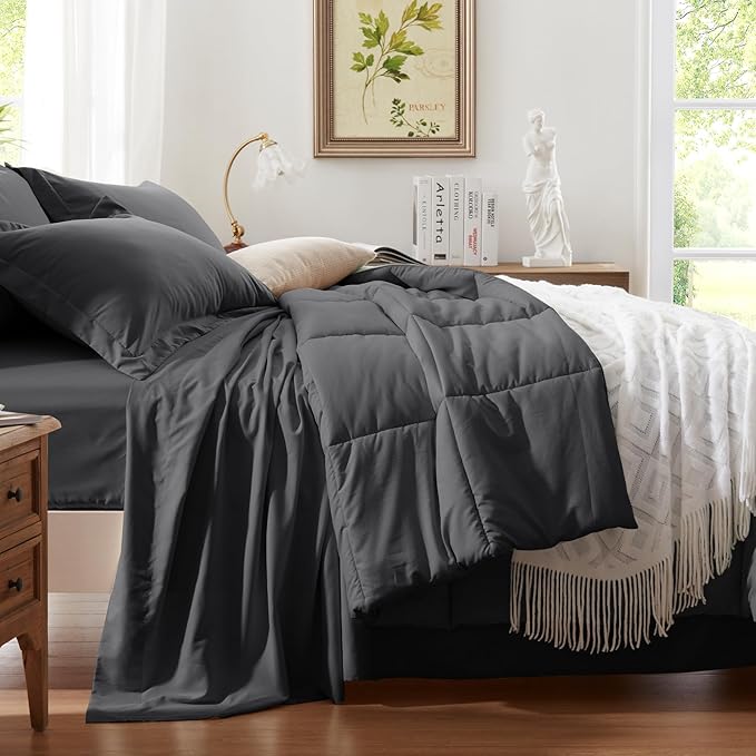 Anluoer California King Size Bed in a Bag 7 Pieces,Dark Grey Cal King Comforter Set with Sheets,All Season Bedding Sets with Comforter,Pillow Shams,Pillowcases,Flat Sheet,Fitted Sheet