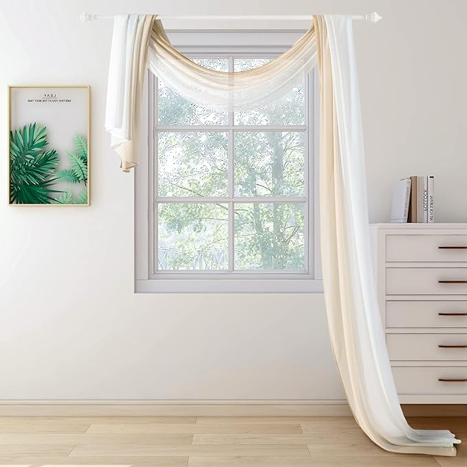 NAPEARL Ombre Window Scarf Valance, Romantic Gradient Voile Scarf Valance for Ceremony Backdrop, Wedding Arch, Kids Bedroom, Decorative Swag Curtain 144 Inches, Beige