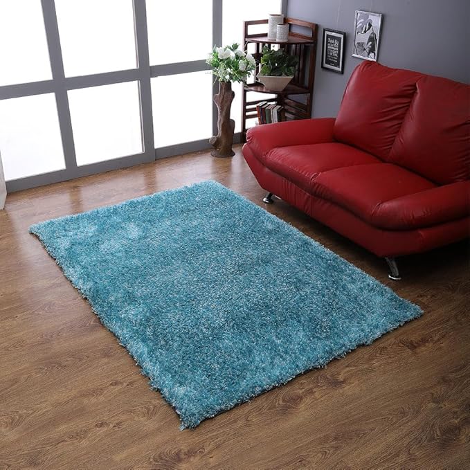 Hand Tufted SHAG Polyester ECO-Friendly Area Rugs - 4'x6', Rectangle, Turquoise White, Solid Plain Design, High Pile Thick Handmade Anti Skid Rugs for Living Room K00111