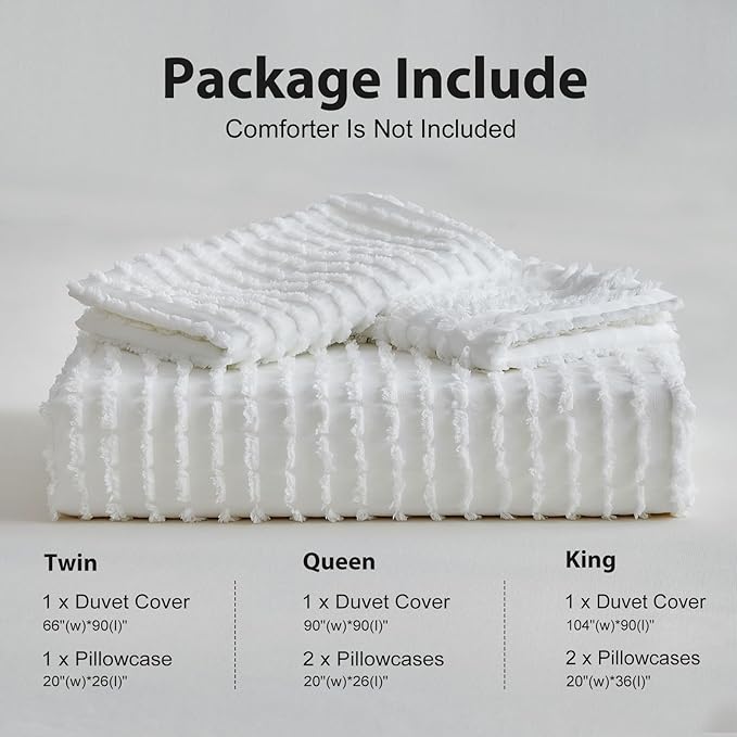 WARMDERN Boho Duvet Cover Set King Size,White Striped Duvet Cover Microfiber Bedding Set,3PCS Ultra Soft Breathable Lightweight Tuft Texture Pattern Duvet Covers with Zipper Closure(White,King)