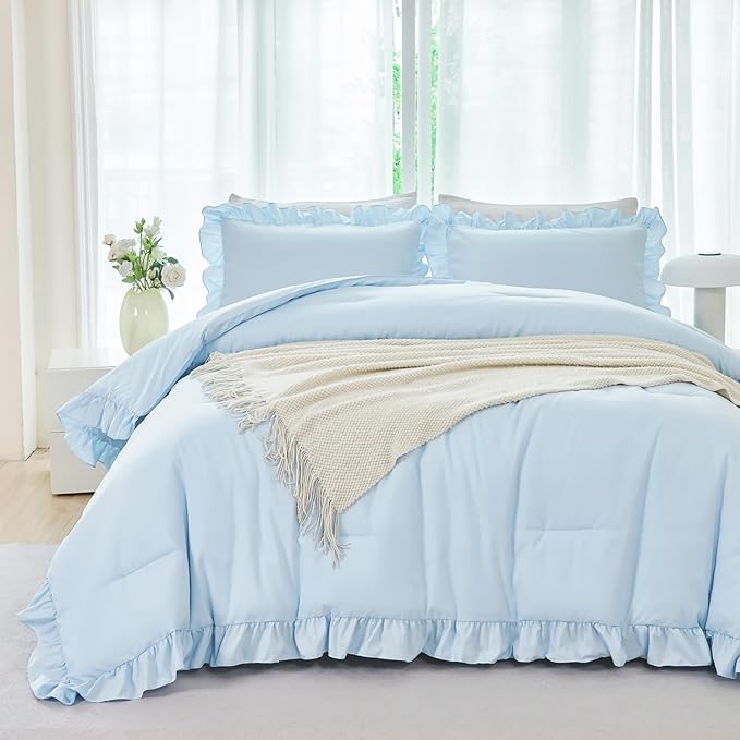 ANGIYUIN 5Pcs Queen Size Comforter Sets Light Blue Ruffle Bedding Sets Vintage Farmhouse Bed Sets Solid Elegance Boho Bed in A Bag for Girls Women（Light Blue Queen）