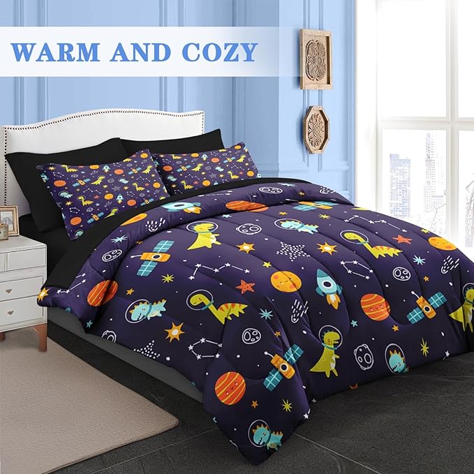 Comforter Set Queen Size, Space Astronaut Dinosaur 7 Pcs Bedding for Kids and Adults, Funny Galaxy Dino Planet Bed Sheet Sets with Fitted Sheet 2 Pillowcases & 2 Shams for Bedroom Bed Decor
