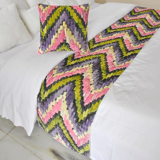 The HomeCentric King/Queen/Twin Pink & Purple Luxury Queen 74"x18" Bed Runner with One Pillow Cover, Chevron, Quilted Bed Scarf on Velvet Fabric - Artful Chevron