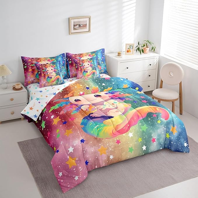 Feelyou Kids Cute Axolotl 7 Pieces Bedding Set Queen Size, Cartoon Animal Bed in A Bag Boys Girls Kawaii Ocean Sealife Comforter Set with Sheets Rainbow Teens Bed Set Bedroom Decor 7Pcs