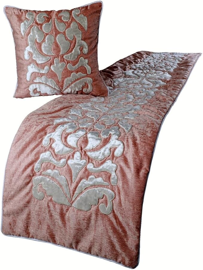 The HomeCentric Decorative Peach & Ivory Queen 74 x 18 inch Bed Runner with 2 Matching Pillow Cover, Velvet Applique Bed Scarf, Abstract Modern - Peach Elegance
