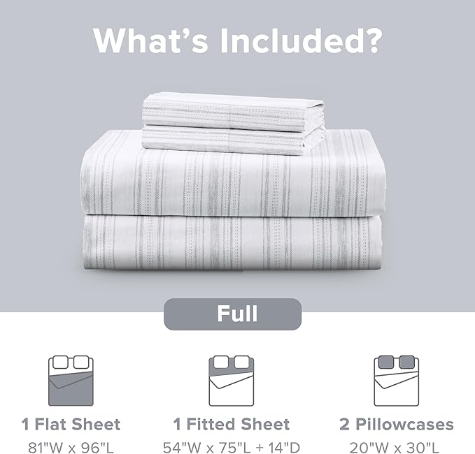 Comfort Spaces 100% Cotton Sheets Full, Breathable, Naturally Cool Cotton Sheets, Soft Cotton Bed Sheets with 14" Elastic Pocket Fits up to 16" Mattress, All Seasons Sheet Set, Good Vibes Grey 4 Piece