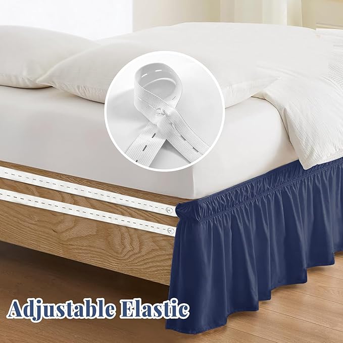 Twin Bed Skirt, Elastic Wrap Around Bed Skirt Twin Size, Bed Skirts for Adjustable Bed, Easy Fit with 14" Drop Length Tailored Drop Dust Ruffle (Navy)