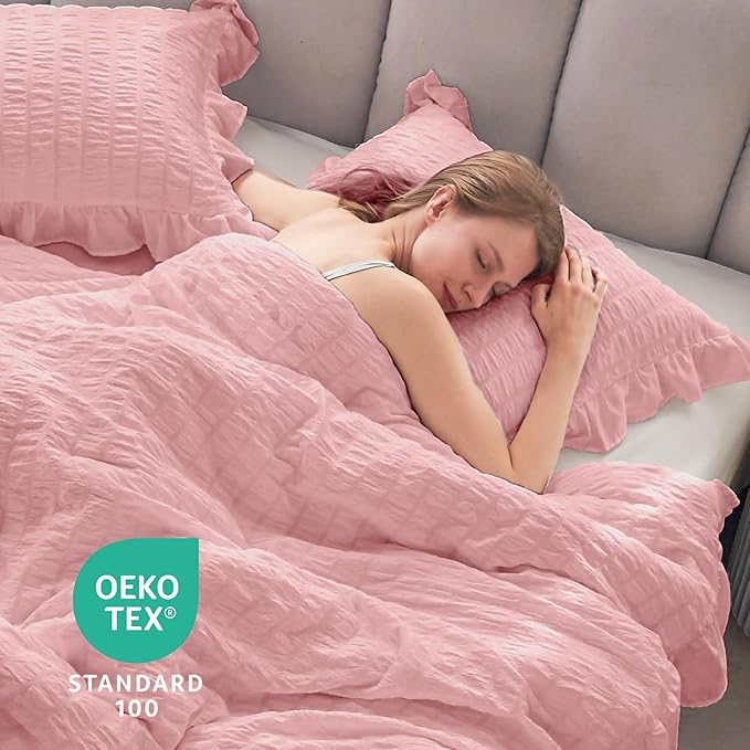 JOLLYVOGUE Pink Seersucker Queen Comforter Set, 3 Pieces Bed in a Bag Comforter Set, Lightweight & Fluffy Bedding Sets Queen for All Season with 1 Ruffle Comforter and 2 Ruffle Pillowshams