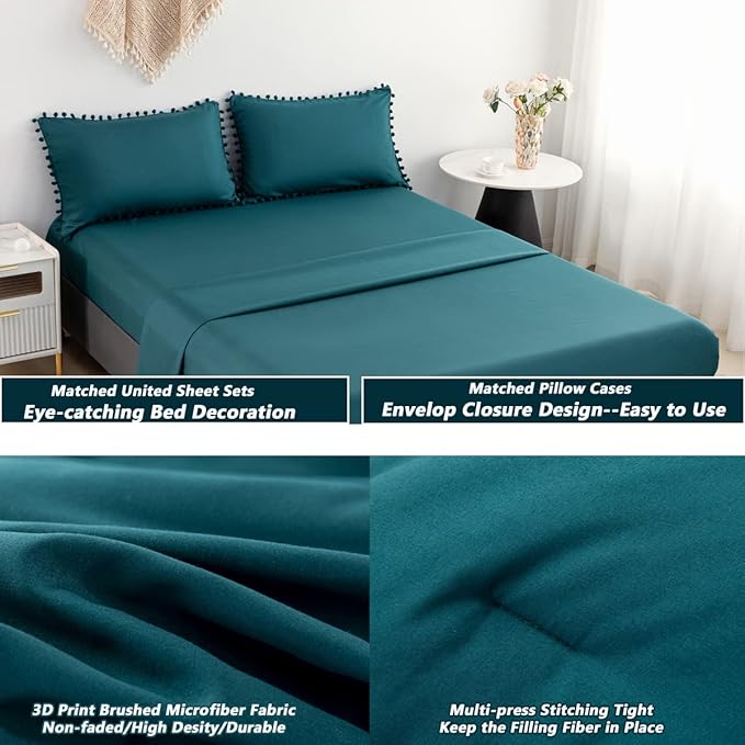 PERFEMET 5 Pcs Boho Bed in a Bag Queen Teal Boho Chic Pom Pom Fringe Comforter for Girls Women Ultra Soft Lightweight Bedding with Sheet Set for All Season(Teal, Queen)