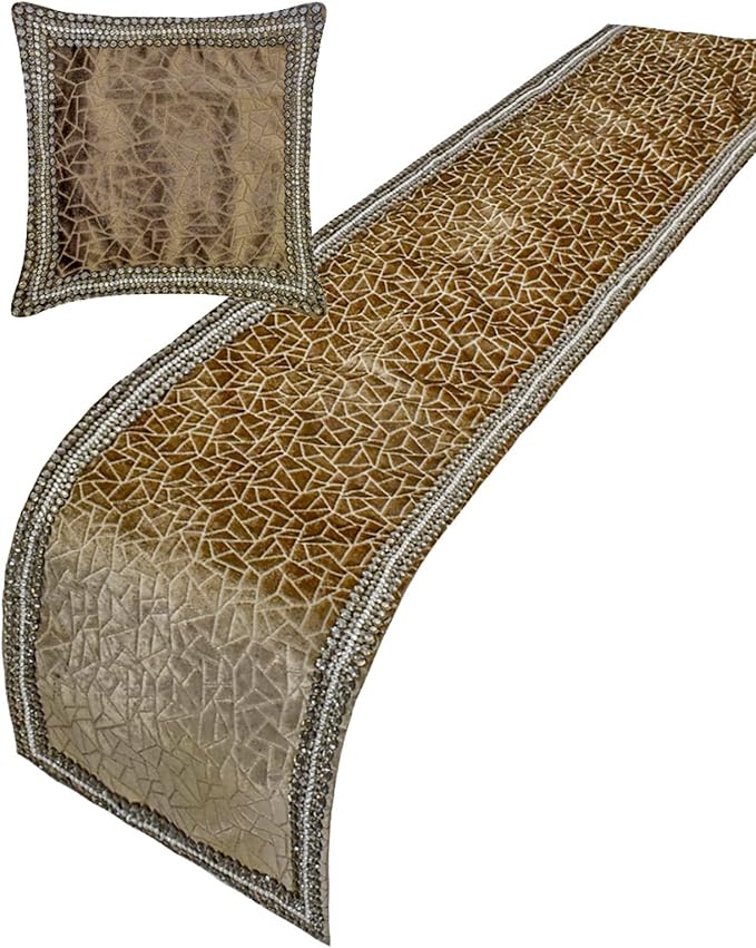 The HomeCentric King/Queen/Twin Brown Decorative Bed Runner Queen 74"x18" Bed Runner with Two Pillow Cover, Border, Crystal, Cut Velvet, Mosiac Pattern Bed Scarf on Velvet Fabric - Velvet Fusion