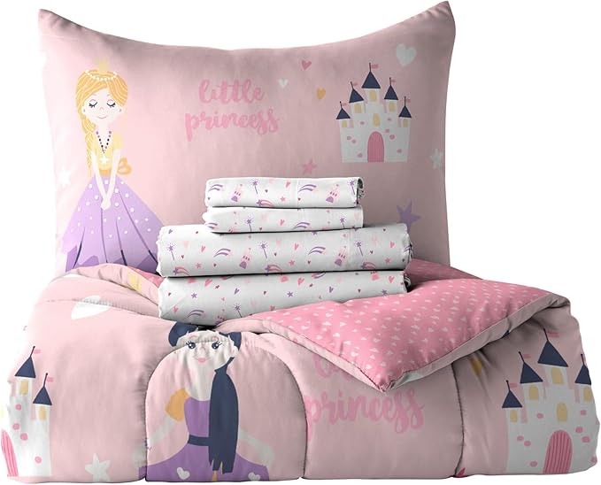 Dream Factory Kids 7-Piece Complete Bed Set Easy-Wash Super Soft Microfiber Comforter Bedding, Full, Pink Little Princess