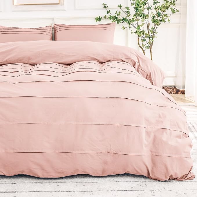 NEXHOME PRO 100% Washed Cotton Duvet Cover Queen Size, Pleated Textured Duvet Cover Set Light Pink, 3 Pieces Bedding Set with Zipper Closure, Soft, Lightweight and Breathable (90"x90", No Comforter)