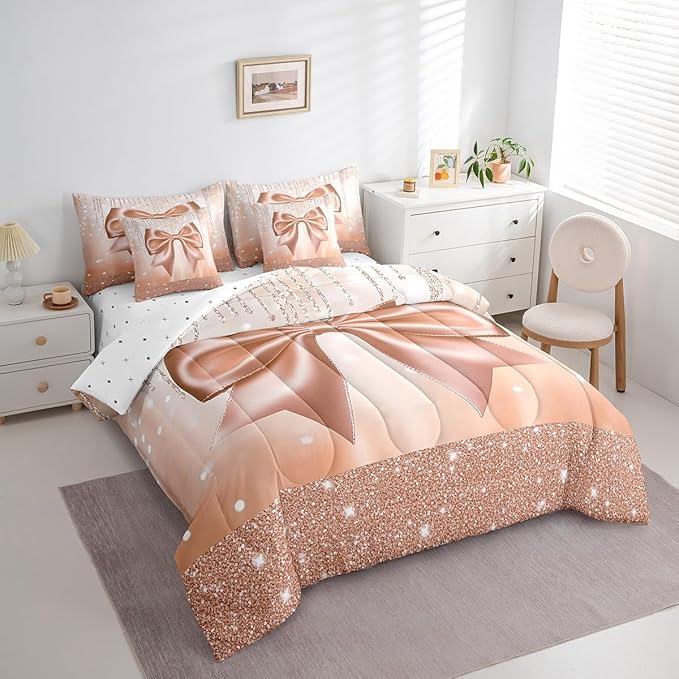 Feelyou Kids Cute Bowknot Comforter Set with Sheets King Size, Dreamy Princess 7 Pieces Bedding Set Boys Girls Glitter Bed in A Bag Watercolor Bow Teens Bed Set Bedroom Decor 7Pcs