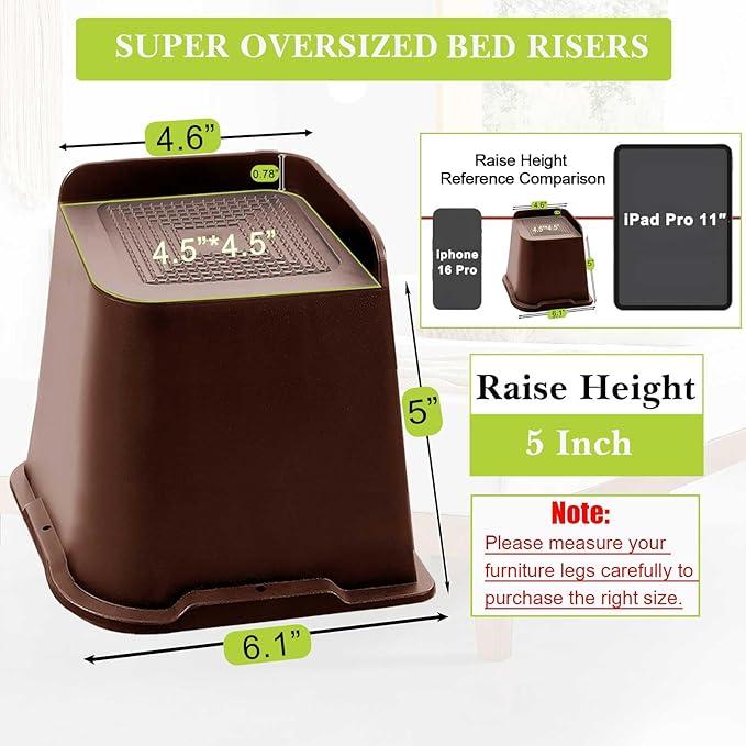Bed Risers 1 inch, 2 inch, 3 inch, 4 inch, 6 inch, 8 inch Heavy Duty, Oversized Furniture Riser for Couch Sofa Table Chair Leg Frame Dorm, Support up to 6000 Lbs (Chocolat Brown 6 Pack, 5 inch)