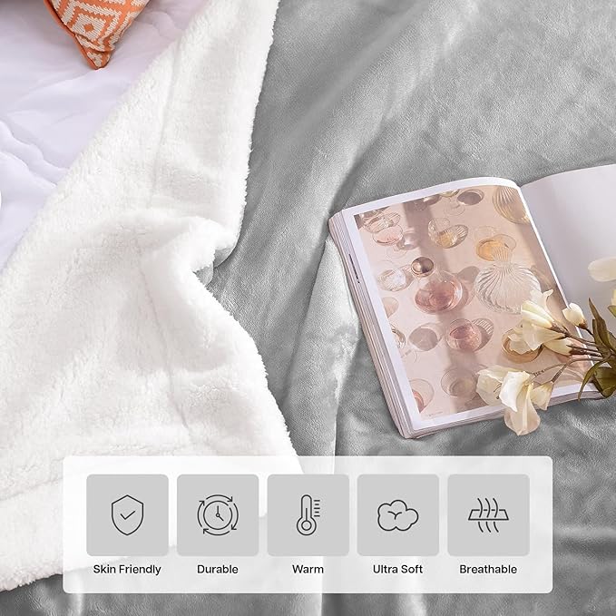 MOONLIGHT20015 Sherpa Fleece Twin Blanket - (Light Grey, 60X80 Inches) Warm and Fluffy Blankets for Winter - Reversible Thick and Cozy Twin Size Blankets for Bed, Camping and Travel
