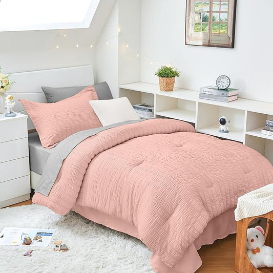 HYMOKEGE Rose Gold/Light Grey Twin XL Comforter Set Seersucker 5 Pieces, All Season Luxury Bed in a Bag for Bedroom, Bedding Set with Comforter, Sheets, Pillowcase & Sham