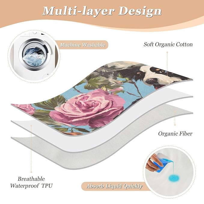 Waterproof Bed Pad Reusable Changing Pad Toddler Mattress Protector Large Pee Pad Baby Diaper Pad Soft Washable Liner Blue Dog and Rose