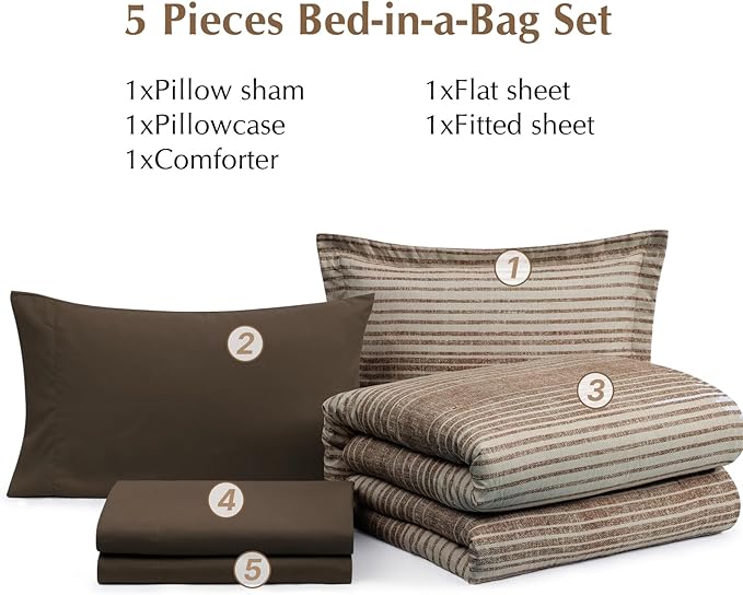Twin XL Comforter Set Striped, Chocolate Brown Bedding Set 5 Pieces for Boys Girls Teen, All Season Bed in a Bag for Dorm with Sheets, Pillowcase & Sham