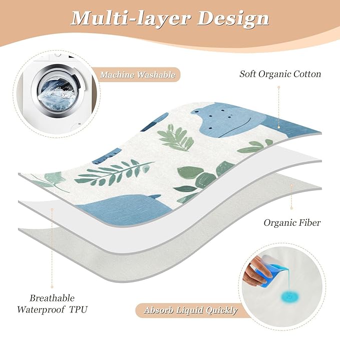 Waterproof Bed Pad Reusable Changing Pad Toddler Mattress Protector Large Pee Pad Baby Diaper Pad Soft Washable Liner Cute Hippo and Green Leaves