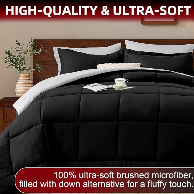 FUANNA King Size Comforter Set 7 Pieces, Reversible Bedding Sets with All Season Soft Comforter, Bed in a Bag Includes Comforter, Flat Sheet, Fitted Sheet, Pillowcases & Shams, Black & Light Grey