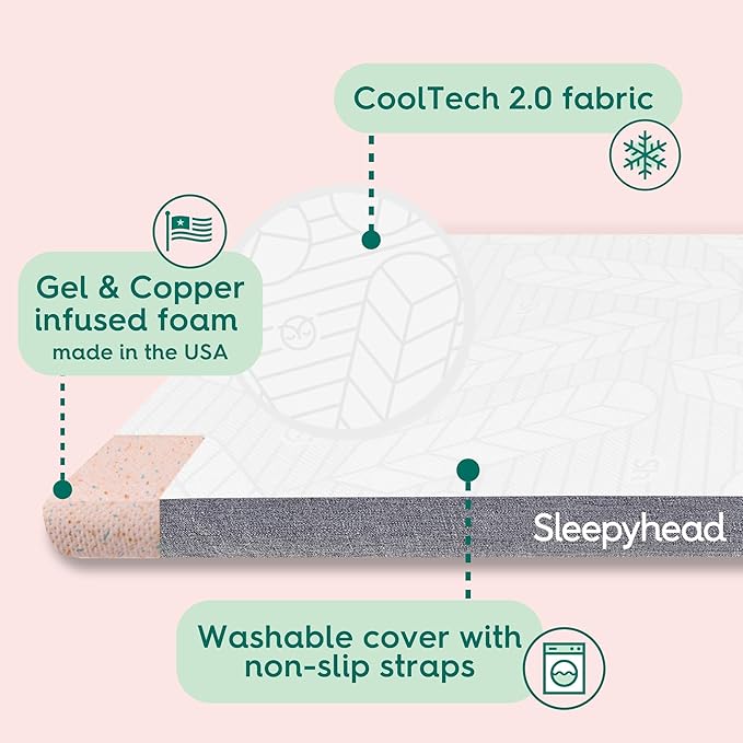 Sleepyhead Twin XL 3 Inch Super Memory Foam Mattress Topper for College Dorm – Copper & Gel Infused, Cooling, Washable Cover, Thick & Comfortable Mattress Pad, Dorm Room Essentials (XL Twin 3")