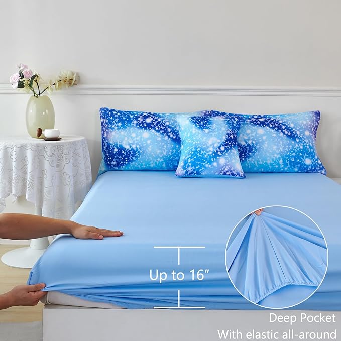 PERFEMET Full Size Comforter Sets for Girls - 6 Pieces Kids Bed in A Bag, Colorful Rainbow Fluffy Bedding Comforter Sheet Set, Tie Dye Glitter Girl Bedroom Bed Set (Blue, Full)