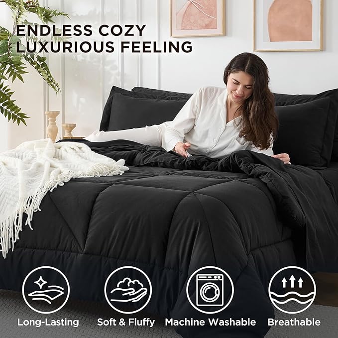 7 Pieces Full Comforter Set - Utral Soft Microfiber Bedding Set, Thick Duvet Insert Bed in a Bag Without Rustling Noise for All Season, Black (82"x86")