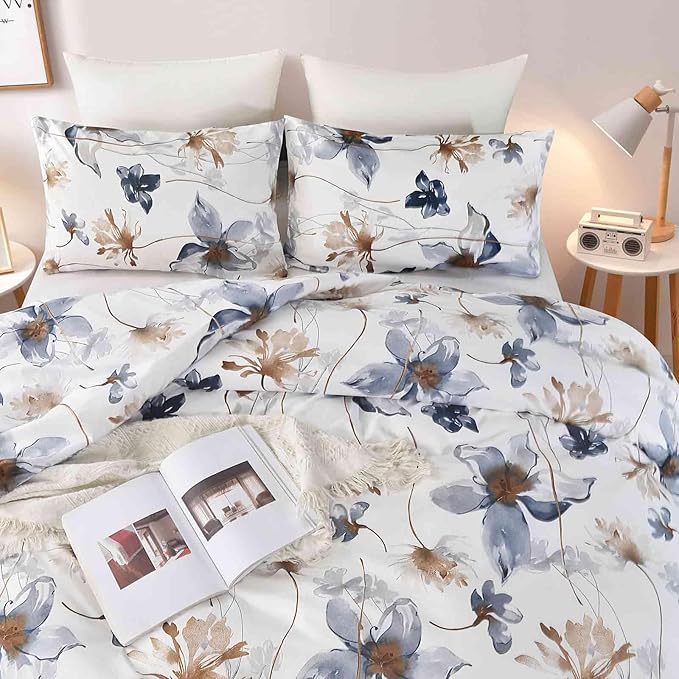 Nanko Blue Floral Duvet Cover Set King Size, Beige Tan Flower Leaf Print Pattern, Soft Microfiber Reversible Comforter Bedding Cover with Zip Ties - Spring Farmhouse for Women Men, 3 Pcs 104 x 90