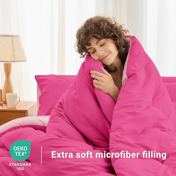 MUXHOMO 7 Pieces Queen Comforter Set, Soft Bed in a Bag Queen Size, All Season Bedding Set with Comforter, Flat Sheet, Fitted Sheet, Pillowcases & Shams, Hot Pink & Baby Pink