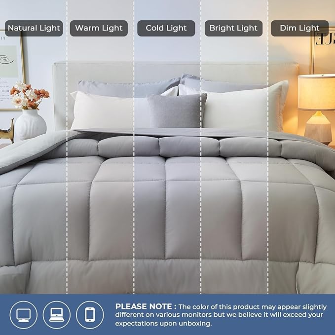 Sasttie Queen Comforter Set, 7 Pieces Bed in a Bag Queen, Complete Bedding Set Includes Comforter, Flat Sheet, Fitted Sheet, Pillowcases and Pillow Shams, Ivory & Light Grey