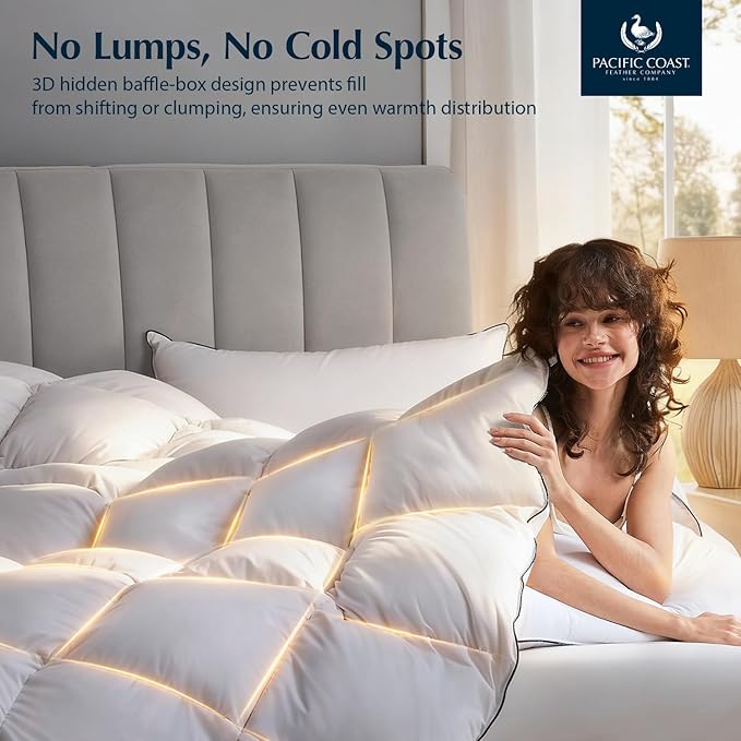 Pacific Coast Luxury White Goose Feather and Down Fiber Comforter Twin Size, All Season Fluffy Hotel Bedding Comforters, Ultra-Soft & Breathable Fabric Duvet Insert Twin with 8 Tabs, 68x90 Inch White