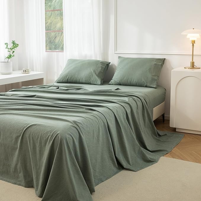JIYUAN 100% Washed Cotton Sheet Set 4 Pieces Cal King,1 Fitted Sheet,1 Flat Sheet and 2 Pillowcases,Comfy and Breathable Linen Like Bedding Set,Heathered Green