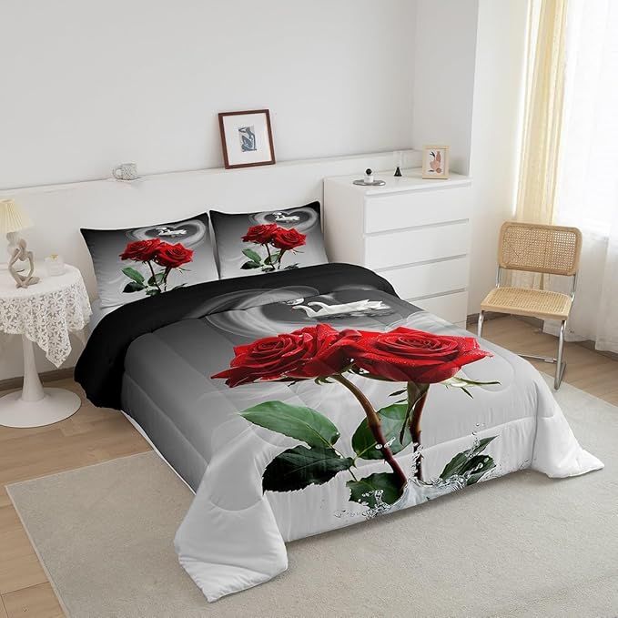 Feelyou Red Rose Bedding Set Swans Couple Comforter Romantic Rose Floral Comforter Set for Men Women Lover Valentine's Day Down Alternative Comforter for All Season Ultra Soft Room Decor Twin Size