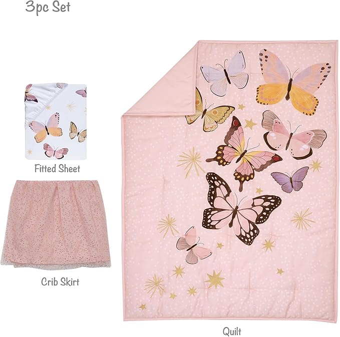 Lambs & Ivy Butterfly Dreams Pink/Gold 3-Piece Nursery Baby Crib Bedding Set