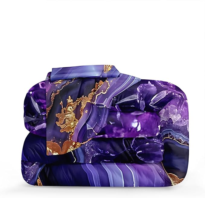 Bedbay Purple Gold Marble Comforter Set King Size Marble Bedding Set Abstract Art Texture Stone Diamond Aesthetic Room Decor 4 Pcs Luxury Bedding 1 Comforter 2 Pillowcases 1 Cushion Cover