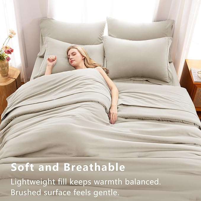 CozyLux Full Comforter Set Beige, 7 Pieces Bed in a Bag Soft Bedding Comforter Set with Sheets, All Season Boho 7PC Bed Sets with Comforter, Fitted Sheets, Flat Sheets, Pillow Shams and Pillowcases
