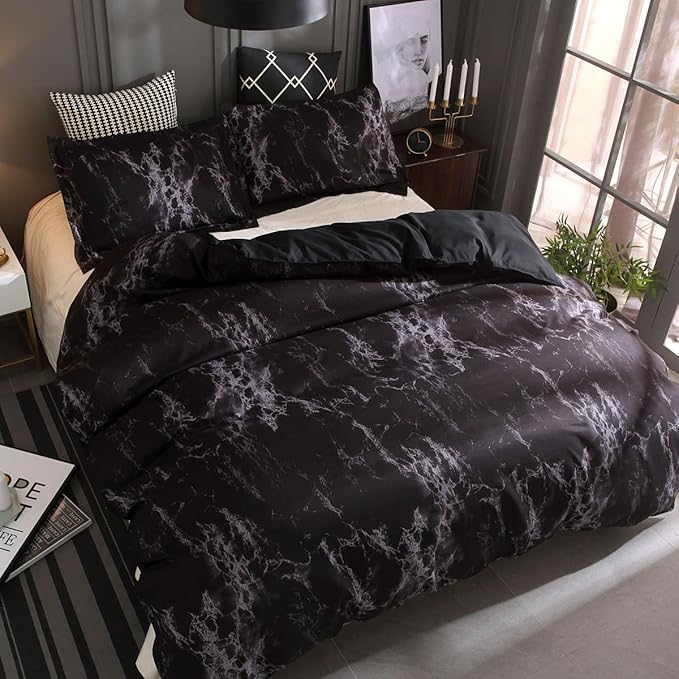 Feelyou King Bedding Duvet Cover Set Black Reversible Marble Luxury Microfiber Lightweight Down Comforter Quilt Cover with Zipper Closure Best Organic 3PCS