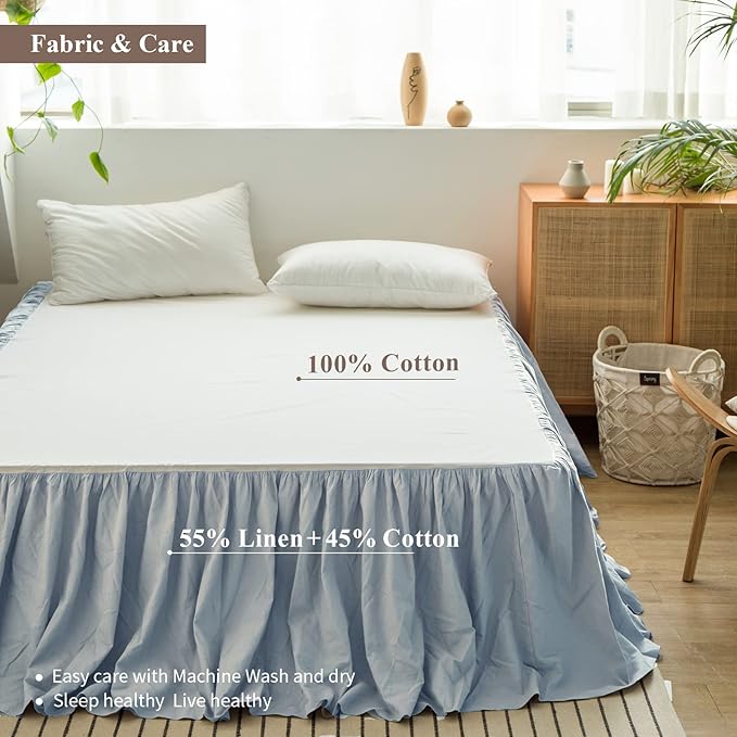 BISELINA French Linen Bed Skirt with Pleated Frills 14-Inch Tailored Drop Natural Flax Cotton Blend Dust Ruffle Soft Cozy Farmhouse Bedding (14" Queen, Dusty Blue)