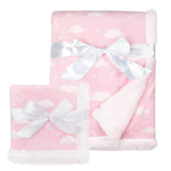 American Baby Company Heavenly Soft Chenille Sherpa Blanket Set, Receiving Blanket (30" x 35") & Security Blanket (14" x 14"), 3D Pink Cloud, for Girls