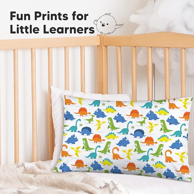 KeaBabies Toddler Pillowcase 13"x18" - Organic Cotton Toddler Pillowcase for Kids, Boys,Girls,Soft & Durable Cotton Cover for Miniature Sleepy Pillows,Cute Colors,Pillow Sold Separately(Happy Dino)