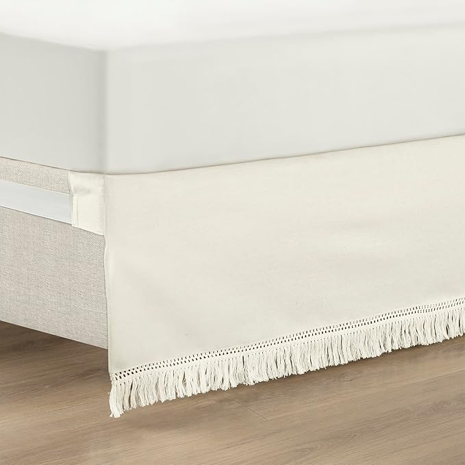 Lush Decor Boho Fringe 15-Inch Tailored Drop Easy Fit Bed Skirt King Size Single 78" W x 80" L +15" White - King Bed Skirt - Wrap Around Bed Skirt