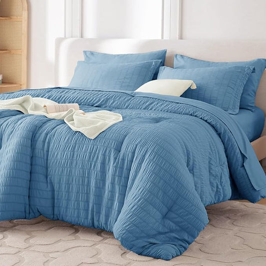 MUXHOMO 7 Pieces Full Comforter Set, Seersucker Bed in a Bag Full Size, All Season Luxury Bedding Set with Comforter, Flat Sheet, Fitted Sheet, Pillowcases & Shams, Mineral Blue